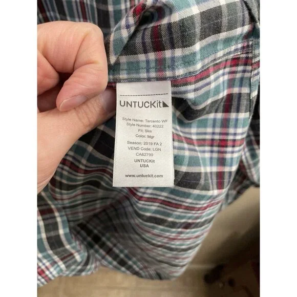 Untuckit Tarcento Mens XL  Slim Wf Shirt Long Sleeve Blue/Green Plaid Button Up - Picture 9 of 10